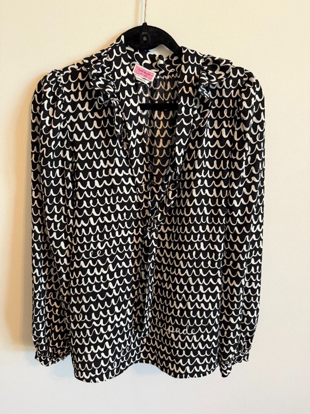 Kate Spade New York Black & White Signature Squiggle Tie-Neck Blouse Sz L